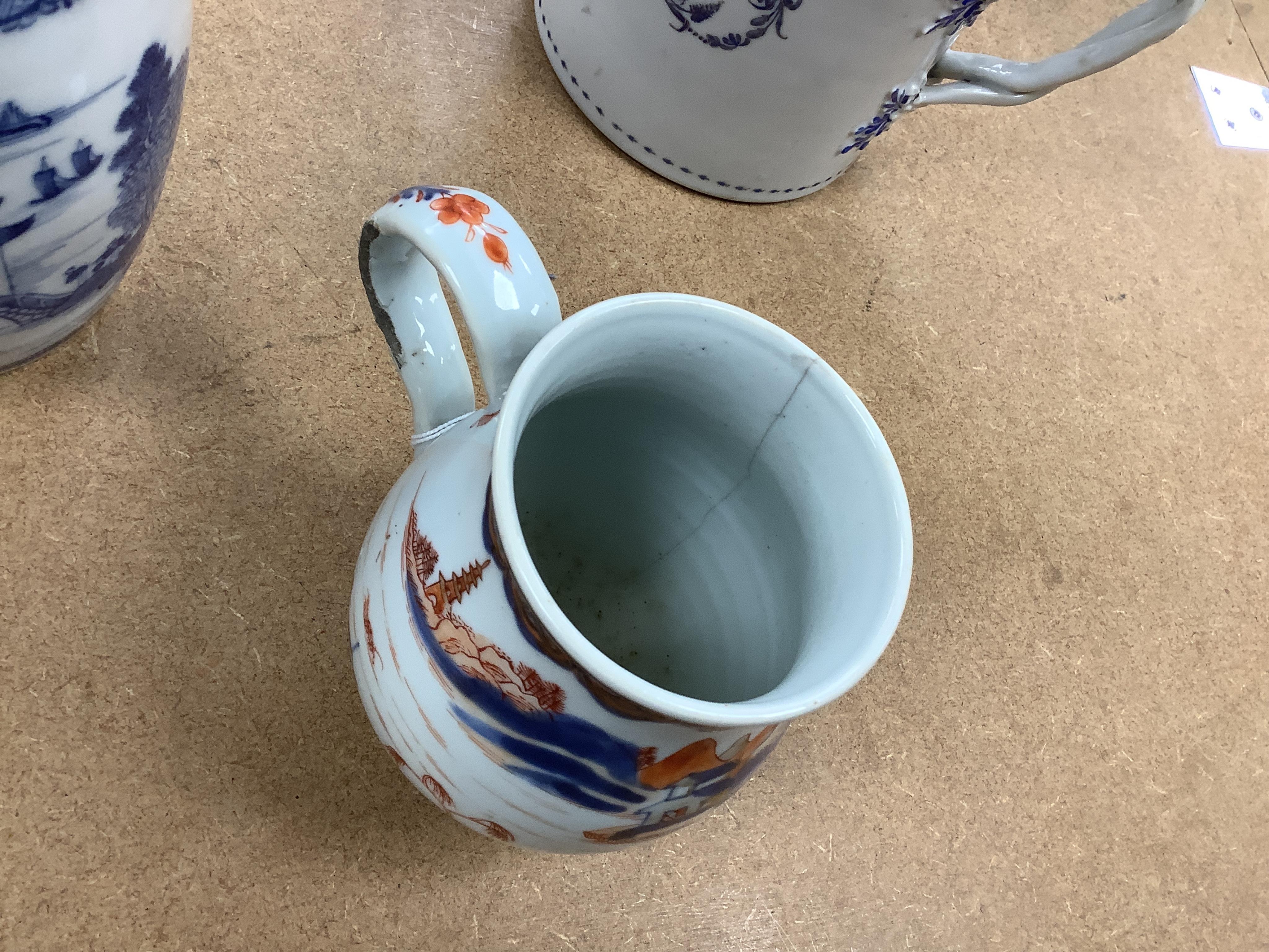 Four 18th century Export and later Chinese mugs to include a blue and white example, (a.f), largest 15cm high